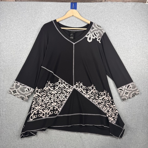 Ali Miles Tops - Ali Miles Top Womens XL Black White 3/4 Sleeve Tunic V Neck Boho Artsy Stretch